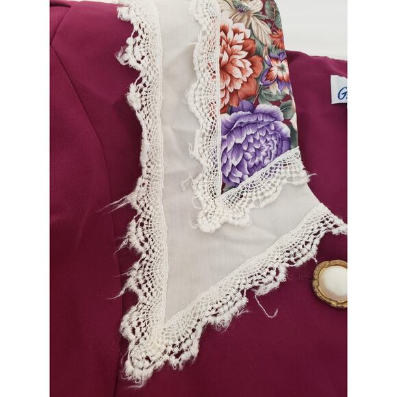 VINTAGE Jacket Blouse Womens 14P Burgundy Lace Hanky Collar Floral 80s Buttons - Picture 10 of 12